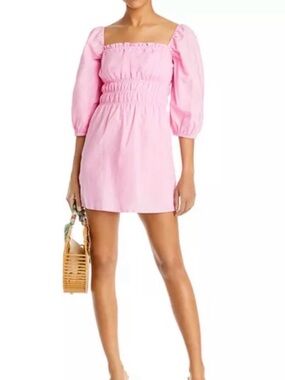 Charlie Holiday Pink Linen Cottagecore Puff Sleeve Mini Dress Sz 8